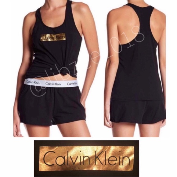 SET Calvin Klein Tank & Shorts pj Pajama Sleep Set in Black & Metallic Gold NWT - Picture 4 of 7